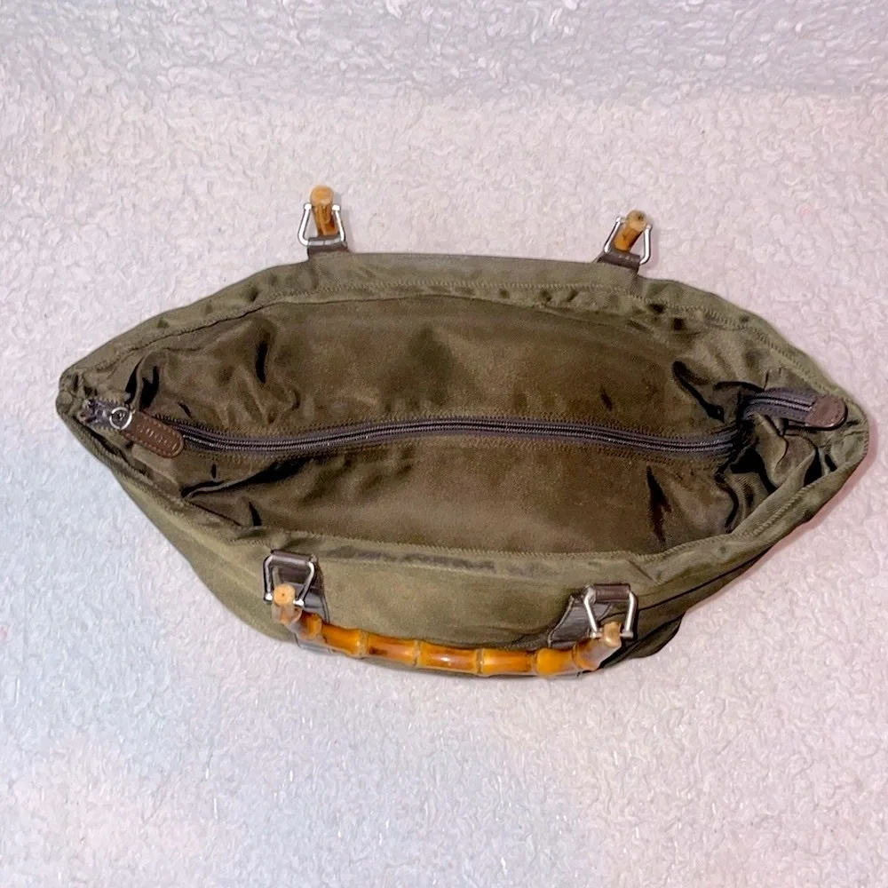 Gucci Vintage Bamboo Handle Nylon Leather Large Shopper Tote Olive Green Brown - Picture 11 of 15